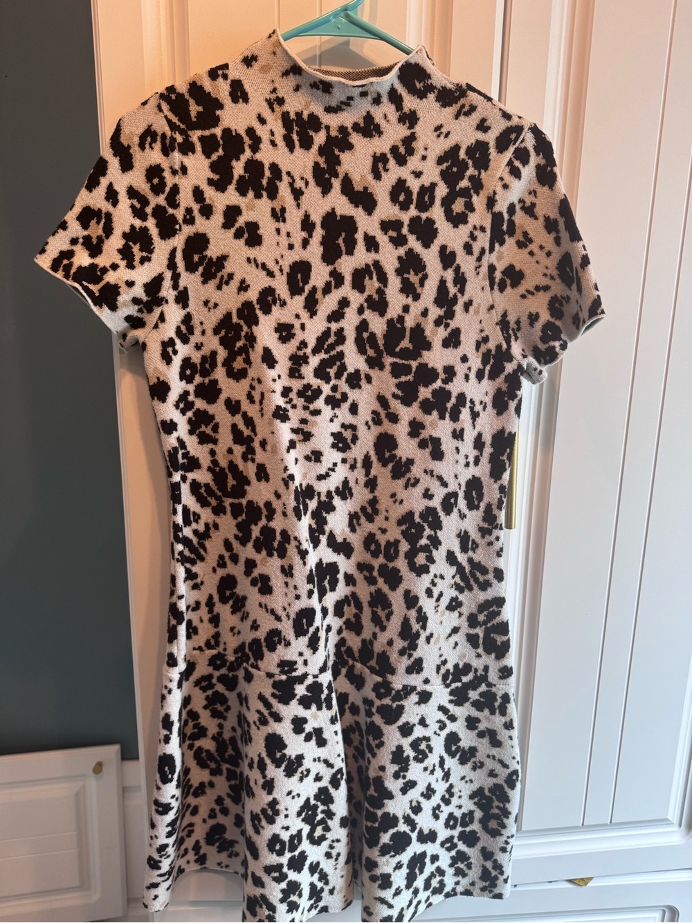 Leopard Print Short Sleeve Knit Dress Drop Waist - Black & Cream